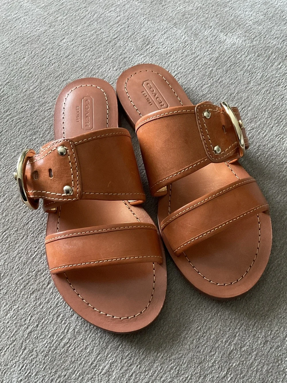 Coach Tan Leather Double-Strap Slide Sandals with Gold Buckle